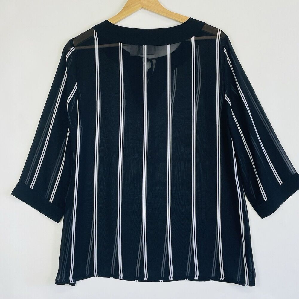 Chico's Top Womens 1 Medium 8 Black White Stripe Nautical Preppy Sheer Old Money - Picture 5 of 14